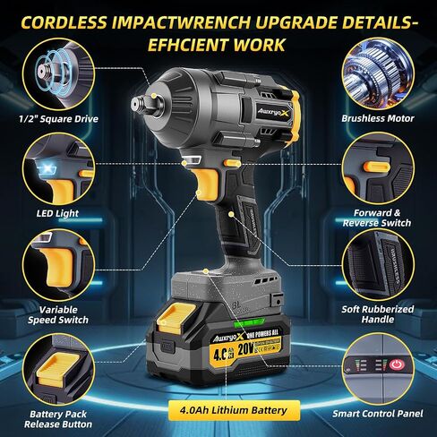 AwxryoX Cordless Impact Gun, 1500Nm 1/2" Power Impact Wrench with 2 x 4.0Ah Battery, 21V Brushless High Torque Pistola de Impacto with 6 Sockets, Llave de Impacto for Home Car Pickup Tire Nut Removal in Kuwait