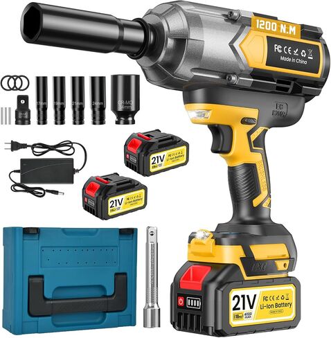 Cordless Impact Wrench 1200 N.m (900Ft-lbs), 1/2 inch Brushless Impact Gun with 2 x 4,0 AH Battery, 5 Sockets & Storage Case, 1 Converter 3/4", 1 Extension, 3 Rubber Rings, for Car/Truck/Home in Kuwait