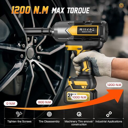 Cordless Impact Wrench 1200 N.m (900Ft-lbs), 1/2 inch Brushless Impact Gun with 2 x 4,0 AH Battery, 5 Sockets & Storage Case, 1 Converter 3/4", 1 Extension, 3 Rubber Rings, for Car/Truck/Home in Kuwait