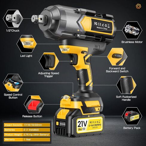 Cordless Impact Wrench 1200 N.m (900Ft-lbs), 1/2 inch Brushless Impact Gun with 2 x 4,0 AH Battery, 5 Sockets & Storage Case, 1 Converter 3/4", 1 Extension, 3 Rubber Rings, for Car/Truck/Home in Kuwait