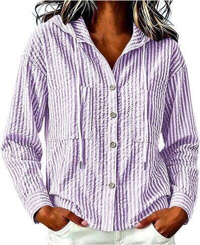 Womens Button Down Shirts Fashion Tops Hooded Hoodies | Womens Fashion Tops Hooded Hoodies Pullover Loose Fit Striped Long SLeeve Button Down Shirts with Pockets in Kuwait