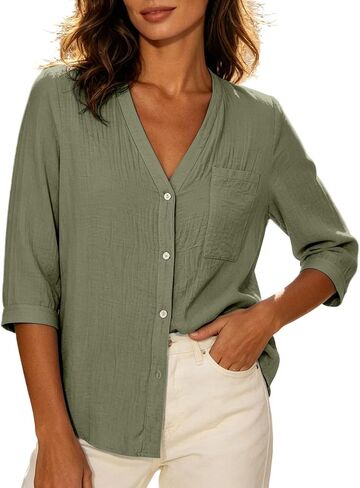 3/4 Sleeve Cotton Gauze Shirts for Women V Neck Button Down Blouses | Soft Lightweight Fabric, Curved Hem, Chest Pocket, Suitable for Daily Beach Vacation Travel Work Business Casual Office in Kuwait