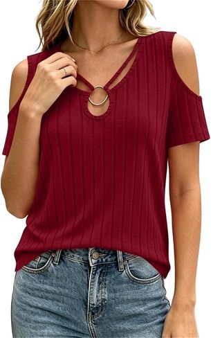 Womens Blouses Ribbed Knit Tops Cutout Short Sleeve | Womens Blouses Ribbed Knit Tops Cutout Short Sleeve Shirts Dressy Casual Summer Vacation Fashion Clothing in Kuwait