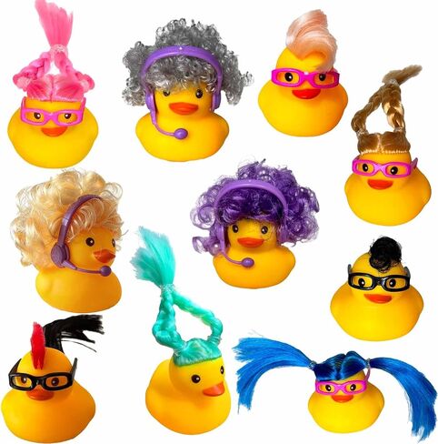 Rubber Duck Set with Wigs and Glasses, Colorful Hair Styles, Bath Toy Collection, Party Favor Decoration, 10 Pack Random in Kuwait