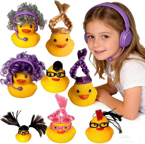 Rubber Duck Set with Wigs and Glasses, Colorful Hair Styles, Bath Toy Collection, Party Favor Decoration, 10 Pack Random in Kuwait