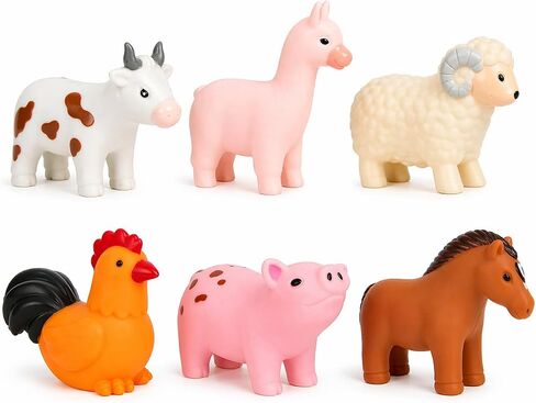 No Hole Bath Toys for Babies, 6 Pack Sealed Farm Animal Bath Toys for Toddlers 1-3 with Mesh Storage Bag, Soft Non-Squirting Baby Water Toys, Cow Pig Horse Sheep Chicken Alpaca in Kuwait