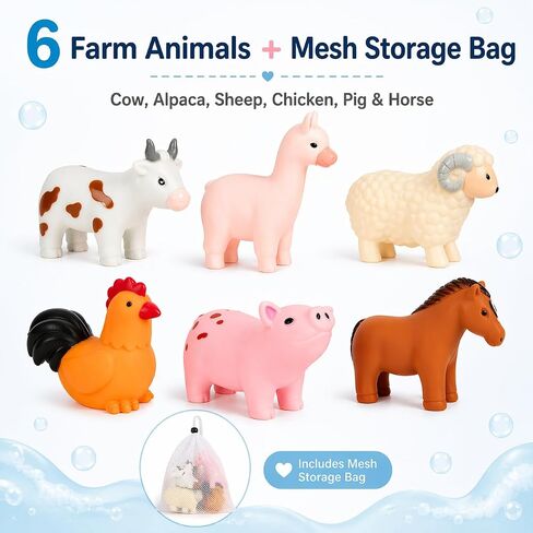 No Hole Bath Toys for Babies, 6 Pack Sealed Farm Animal Bath Toys for Toddlers 1-3 with Mesh Storage Bag, Soft Non-Squirting Baby Water Toys, Cow Pig Horse Sheep Chicken Alpaca in Kuwait