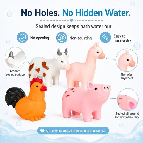 No Hole Bath Toys for Babies, 6 Pack Sealed Farm Animal Bath Toys for Toddlers 1-3 with Mesh Storage Bag, Soft Non-Squirting Baby Water Toys, Cow Pig Horse Sheep Chicken Alpaca in Kuwait