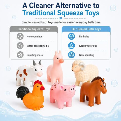 No Hole Bath Toys for Babies, 6 Pack Sealed Farm Animal Bath Toys for Toddlers 1-3 with Mesh Storage Bag, Soft Non-Squirting Baby Water Toys, Cow Pig Horse Sheep Chicken Alpaca in Kuwait