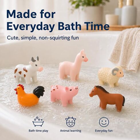 No Hole Bath Toys for Babies, 6 Pack Sealed Farm Animal Bath Toys for Toddlers 1-3 with Mesh Storage Bag, Soft Non-Squirting Baby Water Toys, Cow Pig Horse Sheep Chicken Alpaca in Kuwait