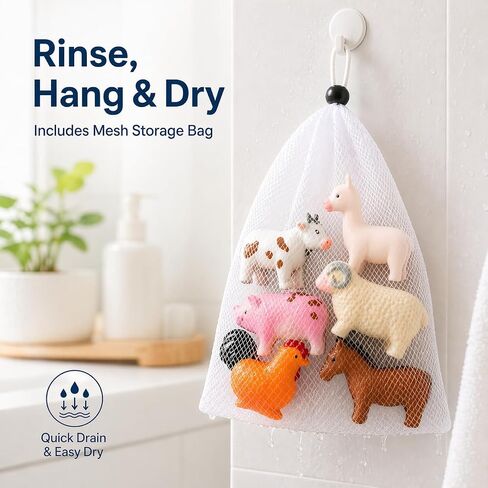 No Hole Bath Toys for Babies, 6 Pack Sealed Farm Animal Bath Toys for Toddlers 1-3 with Mesh Storage Bag, Soft Non-Squirting Baby Water Toys, Cow Pig Horse Sheep Chicken Alpaca in Kuwait