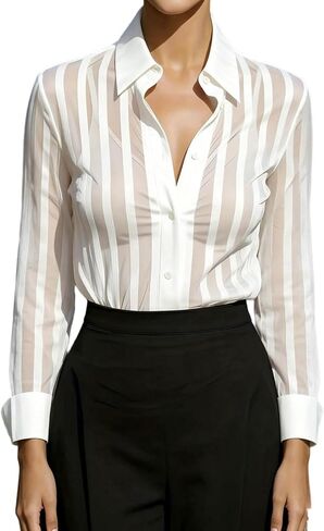 Womens Button Down Shirt Satin Blouse Dressy Casual | Satin Blouse for Women Dressy Casual Sheer Long Sleeve Tops Button Down Shirt Silk Shirt Party Clubwear in Kuwait