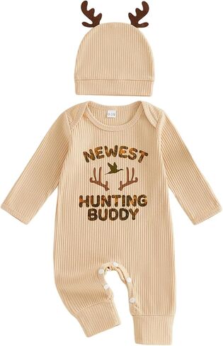 Newborn Baby Boy Clothes Hunting Romper Jumpsuit Fall Winter | Infant Boy Duck Outfit, Daddy’s Hunting Buddy, Letter Print, Deer Hat, Ribbed Clothes for Baby Boys in Kuwait