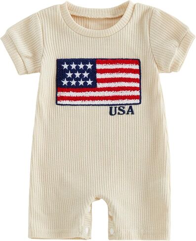 Karuedoo Newborn Infant Baby Boy Girl 4th of July Outfit American Flag Embroidery Striped Waffle Short Sleeve Romper Jumpsuit in Kuwait