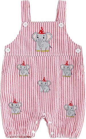 Baby Boy First Birthday Outfit Animal Embroidery Bubble Romper Seersucker Stripe Jumpsuit Overalls Cake Smash Clothes in Kuwait