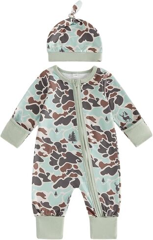 Kupretty Newborn Baby Boy Clothes Camo Hunting Zipper Romper + Hat | Long Sleeve Zip Up Jumpsuit with Mittens, Camouflage Coming Home Outfit, Announcement Photos, Photography, Hospital Outfit in Kuwait