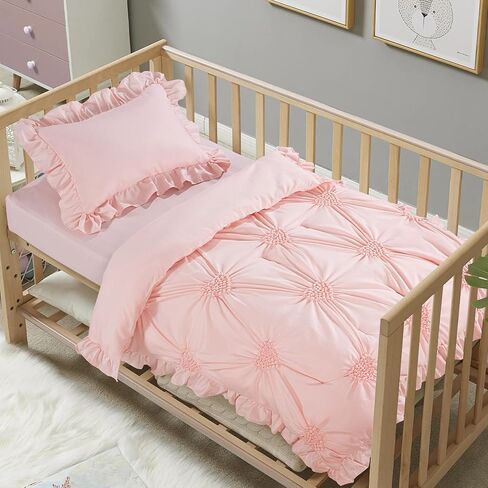 HOMBYS 3 Pieces Princess Pink CribBedding Set for Baby Girls, Ultra Soft Blush Pinch Pleat Comforter Set with Ruffles for All Season in Kuwait