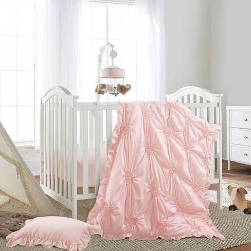 HOMBYS 3 Pieces Princess Pink CribBedding Set for Baby Girls, Ultra Soft Blush Pinch Pleat Comforter Set with Ruffles for All Season in Kuwait
