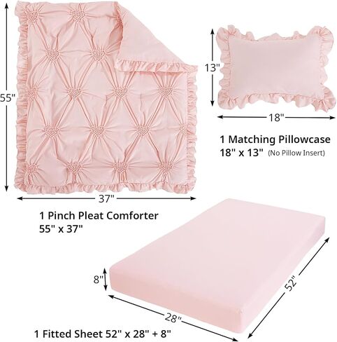 HOMBYS 3 Pieces Princess Pink CribBedding Set for Baby Girls, Ultra Soft Blush Pinch Pleat Comforter Set with Ruffles for All Season in Kuwait
