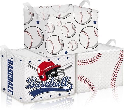 CHENGU 3 Pcs Baseball Storage Basket for Gifts Empty Baseball Baskets Collapsible Waterproof Canvas Cube Sports Storage Bin Organizer with Handles for Clothes Toys Balls Shelf Nursery Boxes Decor in Kuwait
