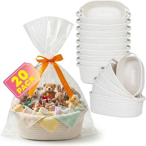 Zounys 20Pack Small Woven Gift Basket with Bags and Bows, DIY White Baskets for Gifts, Baskets for Gifts Empty to Fill for Nursery, Baby Shower, Birthday Party and New Mom Presents in Kuwait