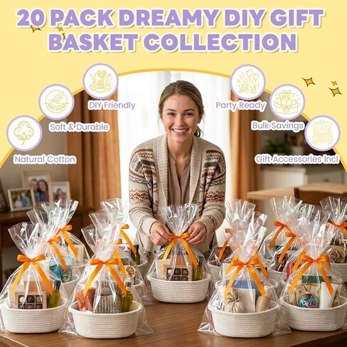 Zounys 20Pack Small Woven Gift Basket with Bags and Bows, DIY White Baskets for Gifts, Baskets for Gifts Empty to Fill for Nursery, Baby Shower, Birthday Party and New Mom Presents in Kuwait
