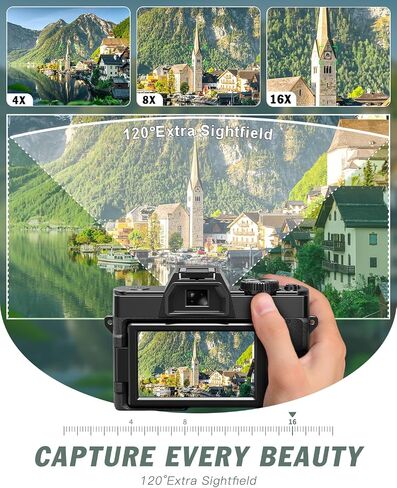 8K Digital Cameras for Photography,64MP vlogging Camera with 180°Flip Screen，16X Zoom，2 Batteries&32GB TF Card, WiFi,Microphone, Wide & Macro Lens Kit (Black) in Kuwait