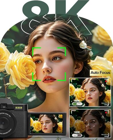 8K Digital Cameras for Photography,64MP vlogging Camera with 180°Flip Screen，16X Zoom，2 Batteries&32GB TF Card, WiFi,Microphone, Wide & Macro Lens Kit (Black) in Kuwait