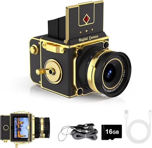 Vintage Digital Camera, 64MP 2.7K Retro Point and Shoot Camera with Autofocus, 2" IPS Waist-Level Screen & 16GB TF Card, 16X Zoom Compact Photography Camera for Beginners Kids Red in Kuwait