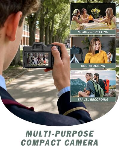 8K Digital Cameras for Photography,64MP vlogging Camera with 180°Flip Screen，16X Zoom，2 Batteries&32GB TF Card, WiFi,Microphone, Wide & Macro Lens Kit (Black) in Kuwait