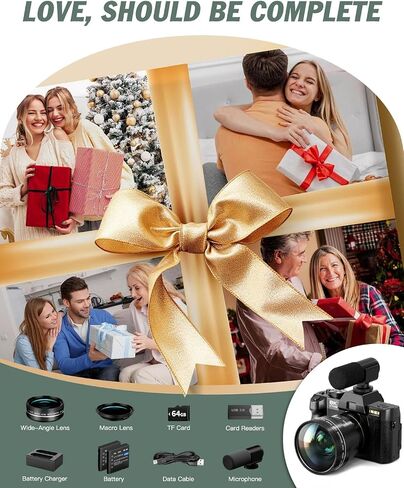 8K Digital Cameras for Photography,64MP vlogging Camera with 180°Flip Screen，16X Zoom，2 Batteries&32GB TF Card, WiFi,Microphone, Wide & Macro Lens Kit (Black) in Kuwait