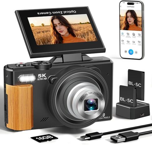 5K Digital Camera,80MP Digital Camera for Photography with 12X Optical Zoom | 3" 180° Flip Screen,Retractable Lens,WIFI,Flash,Autofocus,Vlogging Camera for Youtube with 2 Batteries & 16GB TF Card in Kuwait