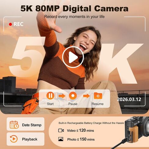 5K Digital Camera,80MP Digital Camera for Photography with 12X Optical Zoom | 3" 180° Flip Screen,Retractable Lens,WIFI,Flash,Autofocus,Vlogging Camera for Youtube with 2 Batteries & 16GB TF Card in Kuwait