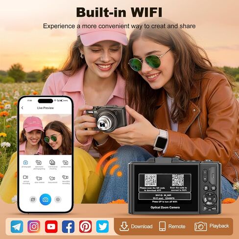 5K Digital Camera,80MP Digital Camera for Photography with 12X Optical Zoom | 3" 180° Flip Screen,Retractable Lens,WIFI,Flash,Autofocus,Vlogging Camera for Youtube with 2 Batteries & 16GB TF Card in Kuwait