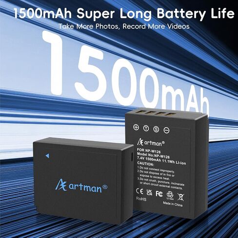 Artman NP-W126 NP-W126S Battery 1500mAh (2-Pack) and 1.5H Dual Slot LCD USB-C Fast Charger for Fujifilm X-M5,X100vi,X100V,X100F,X-T3,X-T30,X-T30 II,X-E4,X-A5,X-A7,X-S10,X-Pro3, Smart Percent Display in Kuwait
