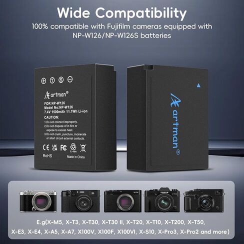Artman NP-W126 NP-W126S Battery 1500mAh (2-Pack) and 1.5H Dual Slot LCD USB-C Fast Charger for Fujifilm X-M5,X100vi,X100V,X100F,X-T3,X-T30,X-T30 II,X-E4,X-A5,X-A7,X-S10,X-Pro3, Smart Percent Display in Kuwait