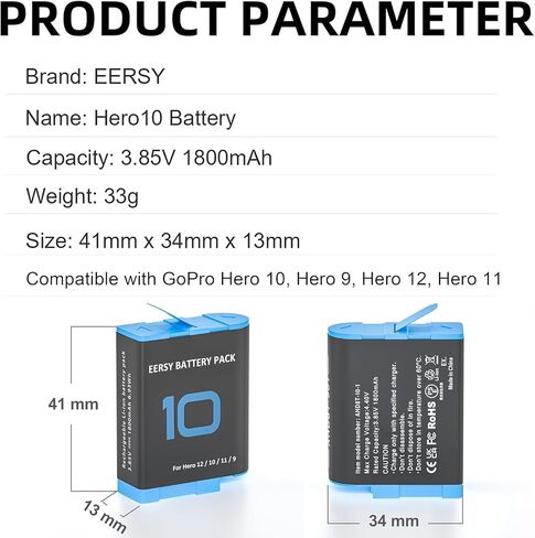 EERSY 2 Pack Batteries with 3-Channel Charger Station Compatible with GoPro Hero 12, 11, 10, 9 Black Camera Battery in Kuwait