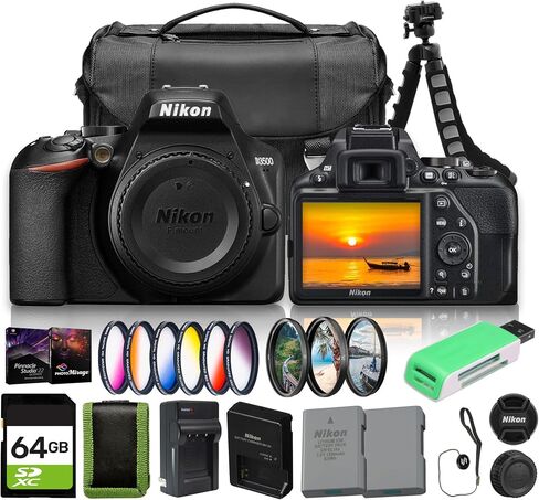 Nikon D3500 DSLR Camera Body Only Bundle | 24.2MP DX Sensor, Easy Controls, Full HD 1080p Video (1590) | Includes 55mm Color Filters, Photo Software, 64GB Card, EN-EL14 Battery, Tripod, Accessory in Kuwait