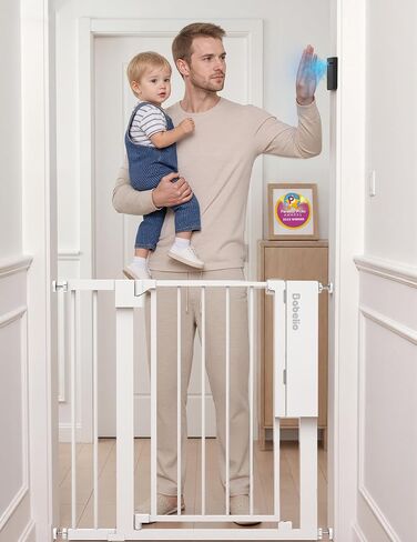 Babelio Smart Baby Gate with Auto-Unlock/Close, Pressure Mounted No Drill for Doorways/Top of Stairs. Pet/Dog Door Wide Walk Thru w/Infrared Sensor & Instant Safety Alert (White, 26.3-37.8" W, 30" H) in Kuwait