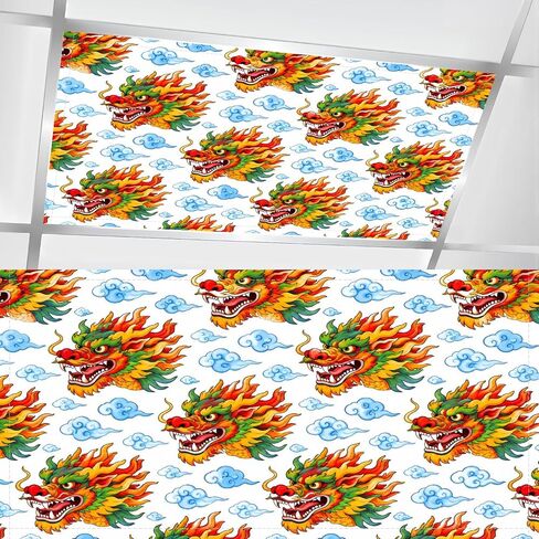 6 Pcs Fluorescent Light Covers for Ceiling Lights Vibrant Seamless Chinese Dragons Stylized Clouds Dark Blue Magnetic Light Filters Decorative for Classroom Office Hospital Home 4x2 Ft in Kuwait