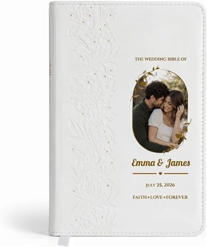 Personalized NKJV Wedding Bible with Custom Couple Photo, Name and Date, New King James Version Red Letter, White Imitation Leather Bridal Shower Gift with Gilded Pages and Ribbon Marker in Kuwait