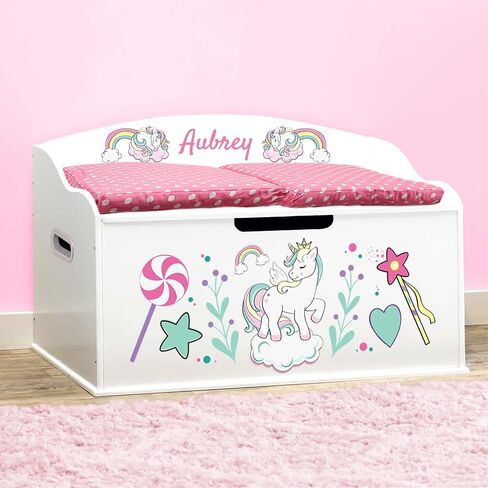 DIBSIES Personalized Creative Wonders Toy Box, Unicorns & Rainbows, 30 x 19.25 x 18 inches, Soft-Close Lid (Espresso) (Pink) in Kuwait