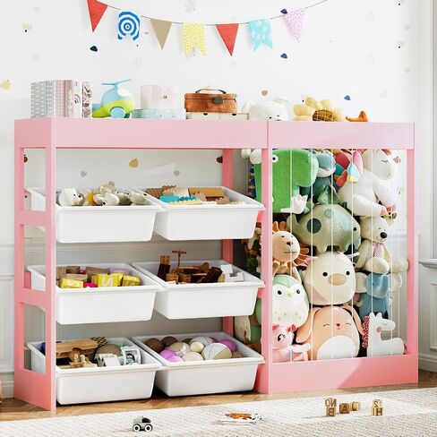 50.6" W Toy Storage, 3-in-1 Large Kids Toy Organizers and Storage with Stuffed Animal Zoo, 6 Removable Plastic Bins, Wooden Toddler Cabinet for Girls Boys Playroom, Nursery, Home Decor(White) in Kuwait