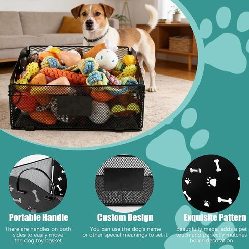 Dog Toy Basket, Large Rust-Resistant Iron Toy Storage Organizer for Living Room, Entryway, Playroom, Bone and Paw Cutout Dog Toys Bin with Carry Handles, Open-Top Large Storage Basket for Pets, Home in Kuwait