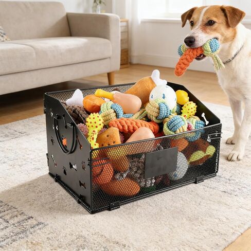 Dog Toy Basket, Large Rust-Resistant Iron Toy Storage Organizer for Living Room, Entryway, Playroom, Bone and Paw Cutout Dog Toys Bin with Carry Handles, Open-Top Large Storage Basket for Pets, Home in Kuwait