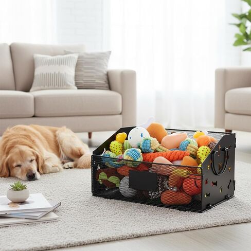 Dog Toy Basket, Large Rust-Resistant Iron Toy Storage Organizer for Living Room, Entryway, Playroom, Bone and Paw Cutout Dog Toys Bin with Carry Handles, Open-Top Large Storage Basket for Pets, Home in Kuwait