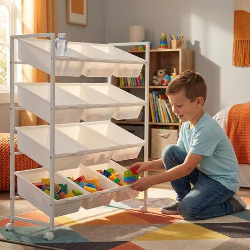 PureBox 4-Tier 3-Row Kids Toy Storage Organizer with 12 Rolling Plastic Bins, Mobile Utility Cart Bookshelf Cabinet for Playroom, Bedroom, and Classroom, Easy-Glide Bins for Quick Cleanup in Kuwait