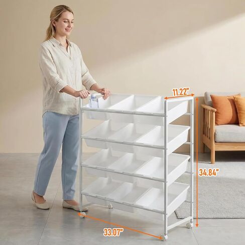 PureBox 4-Tier 3-Row Kids Toy Storage Organizer with 12 Rolling Plastic Bins, Mobile Utility Cart Bookshelf Cabinet for Playroom, Bedroom, and Classroom, Easy-Glide Bins for Quick Cleanup in Kuwait