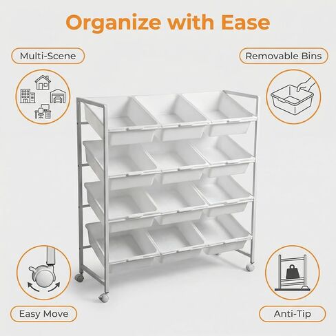 PureBox 4-Tier 3-Row Kids Toy Storage Organizer with 12 Rolling Plastic Bins, Mobile Utility Cart Bookshelf Cabinet for Playroom, Bedroom, and Classroom, Easy-Glide Bins for Quick Cleanup in Kuwait