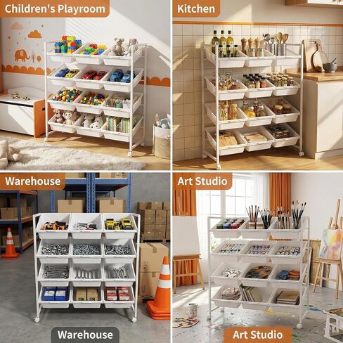 PureBox 4-Tier 3-Row Kids Toy Storage Organizer with 12 Rolling Plastic Bins, Mobile Utility Cart Bookshelf Cabinet for Playroom, Bedroom, and Classroom, Easy-Glide Bins for Quick Cleanup in Kuwait